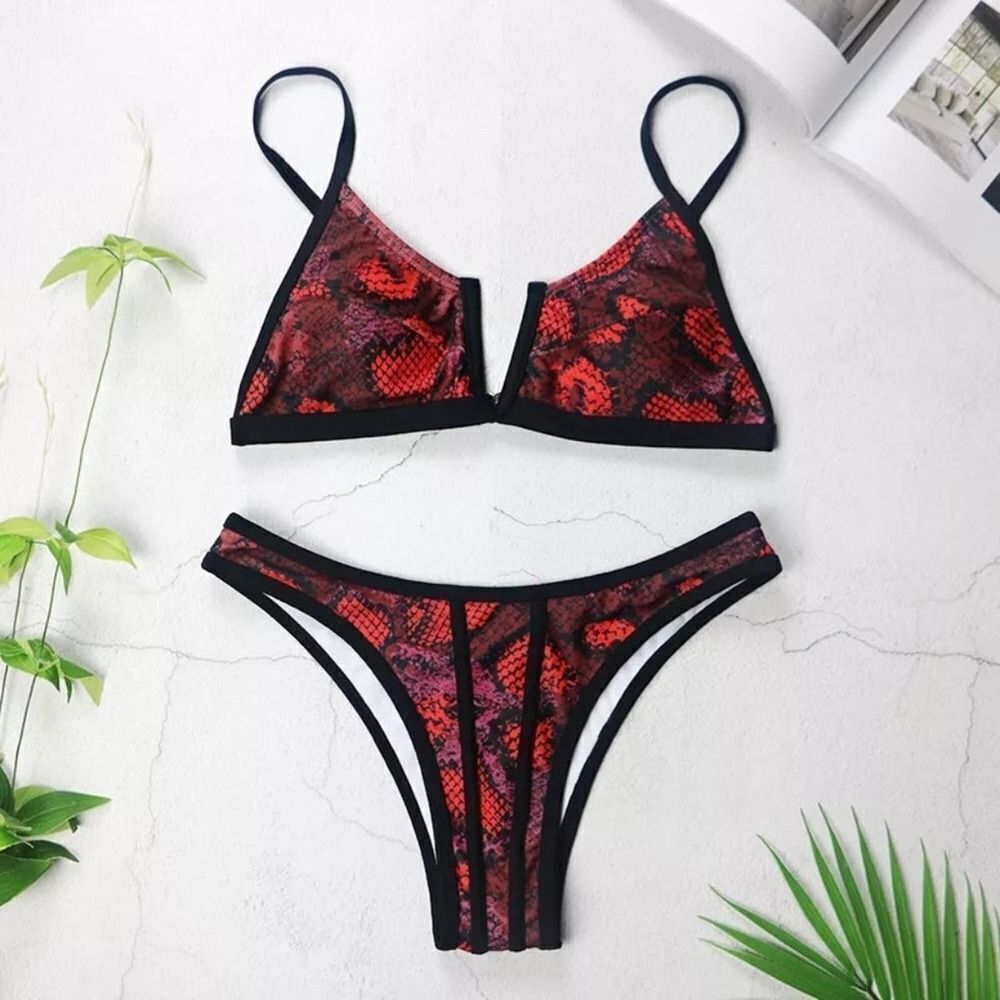 Acacia ♡ Snakeskin V Neck Wired Sexy Red Strappy Bikini S